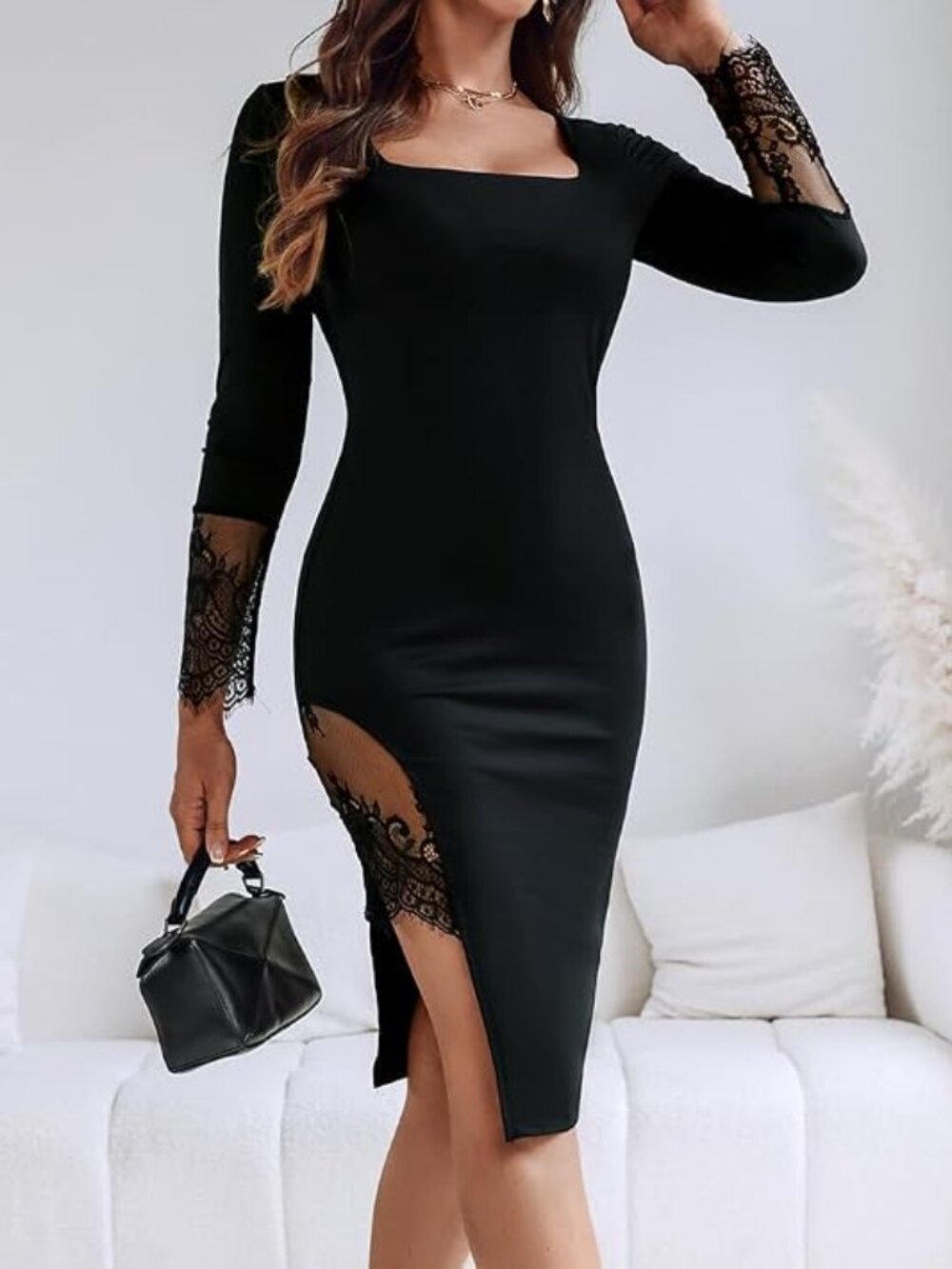 Women's Long Sleeve Bodycon Dress Square Neck Lace